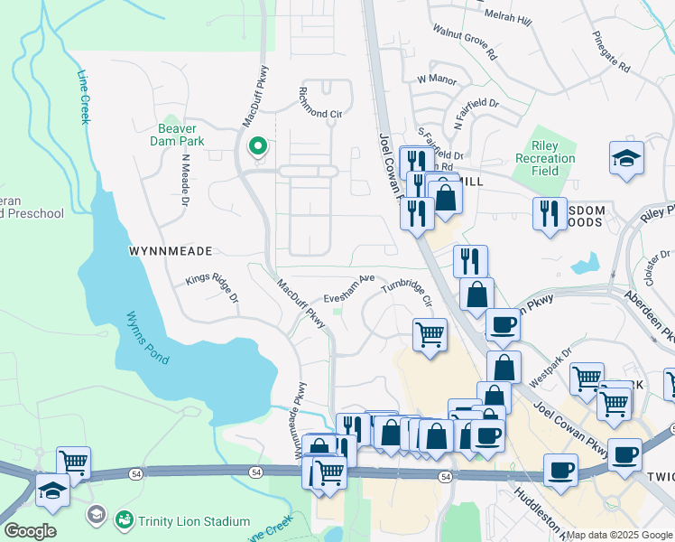 map of restaurants, bars, coffee shops, grocery stores, and more near 708 Gittings Avenue in Peachtree City