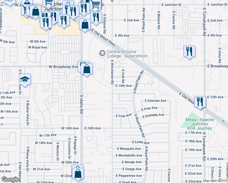 map of restaurants, bars, coffee shops, grocery stores, and more near 420 East Desert Avenue in Apache Junction