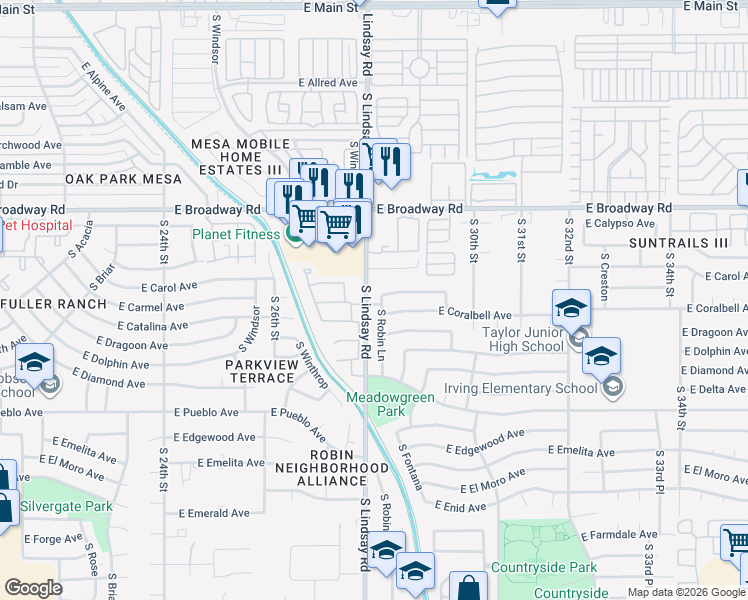 map of restaurants, bars, coffee shops, grocery stores, and more near 563 South Lindsay Road in Mesa