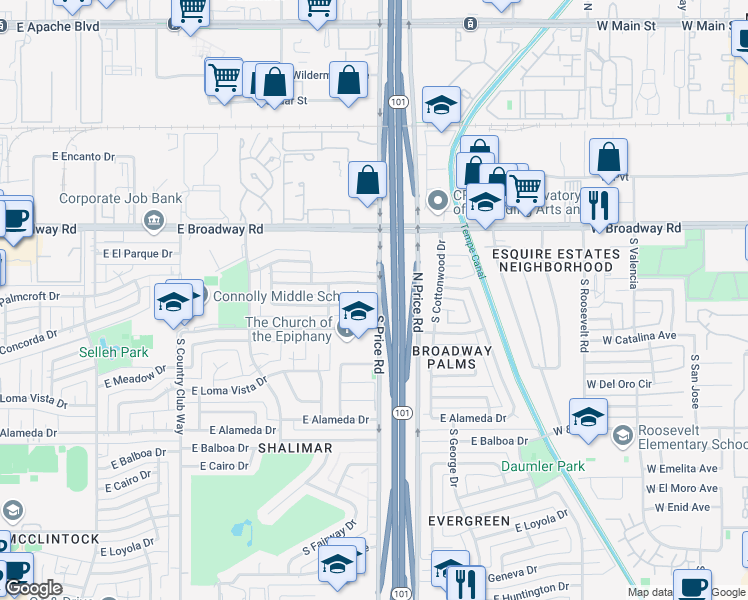 map of restaurants, bars, coffee shops, grocery stores, and more near 2184 East Broadmor Drive in Tempe
