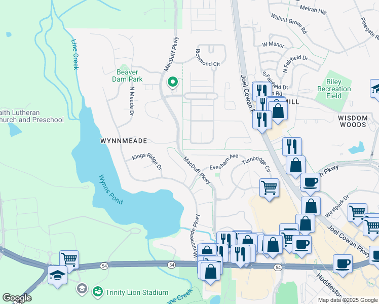 map of restaurants, bars, coffee shops, grocery stores, and more near 730 Gittings Avenue in Peachtree City