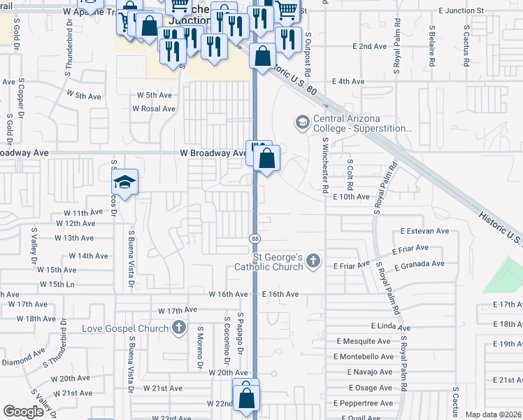 map of restaurants, bars, coffee shops, grocery stores, and more near 1155 S Idaho Rd in Apache Junction