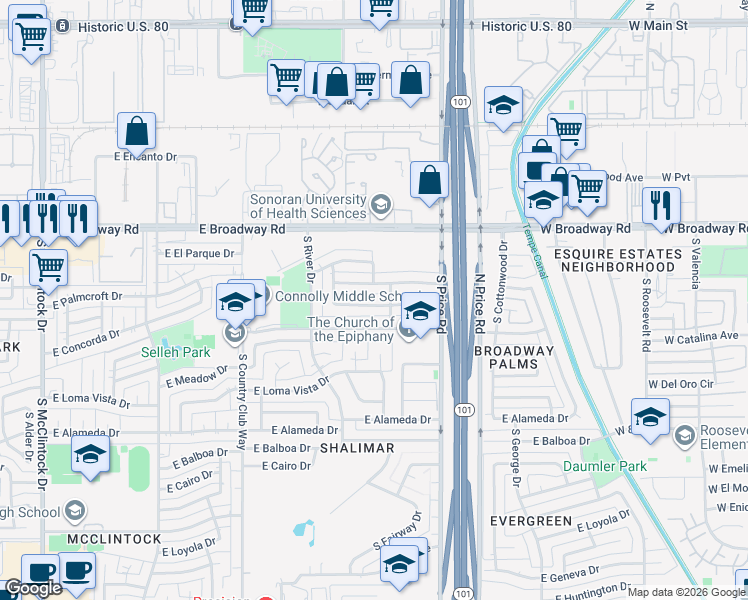map of restaurants, bars, coffee shops, grocery stores, and more near 2128 East Broadmor Drive in Tempe
