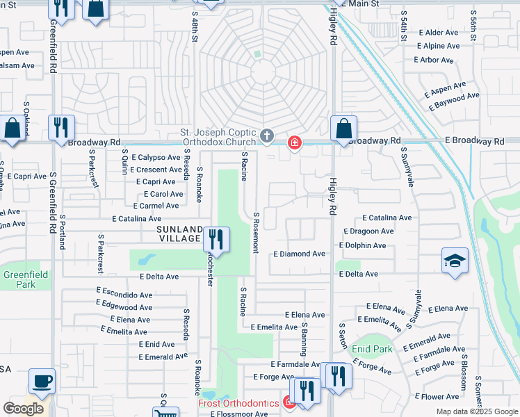 map of restaurants, bars, coffee shops, grocery stores, and more near 542 South Higley Road in Mesa