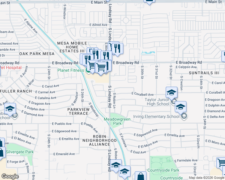 map of restaurants, bars, coffee shops, grocery stores, and more near 563 South Lindsay Road in Mesa