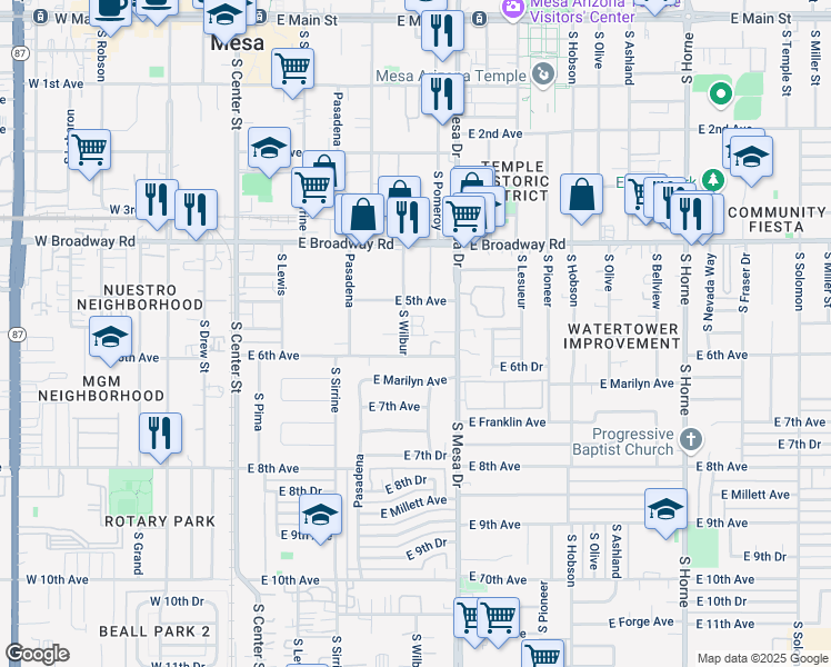 map of restaurants, bars, coffee shops, grocery stores, and more near 305 East Vine Circle in Mesa