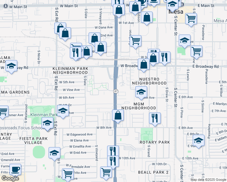 map of restaurants, bars, coffee shops, grocery stores, and more near 546 South Country Club Drive in Mesa
