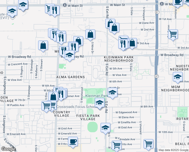 map of restaurants, bars, coffee shops, grocery stores, and more near 510 South Extension Road in Mesa