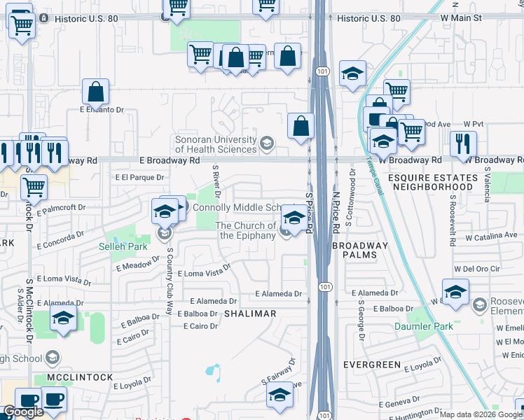 map of restaurants, bars, coffee shops, grocery stores, and more near 2128 East Broadmor Drive in Tempe
