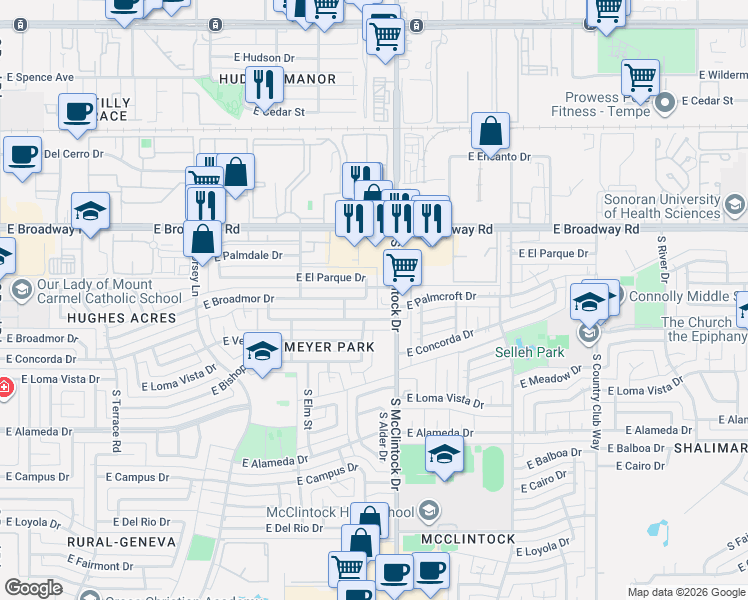 map of restaurants, bars, coffee shops, grocery stores, and more near 1722 East Broadmor Drive in Tempe