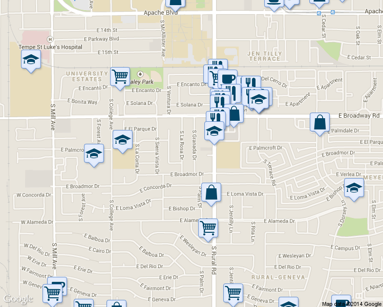 map of restaurants, bars, coffee shops, grocery stores, and more near 2121 South La Rosa Drive in Tempe