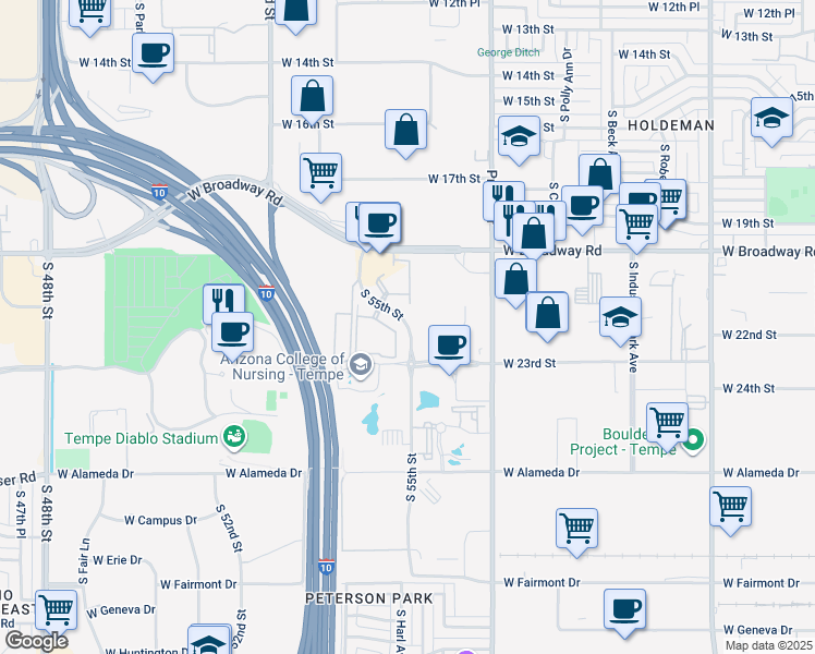 map of restaurants, bars, coffee shops, grocery stores, and more near 154 West Fiesta Drive in Tempe