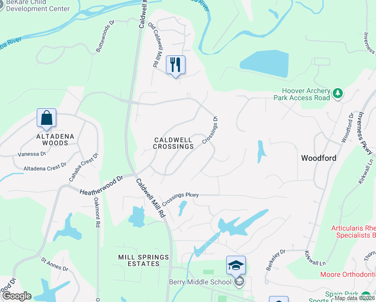 map of restaurants, bars, coffee shops, grocery stores, and more near 3176 Crossings Drive in Birmingham