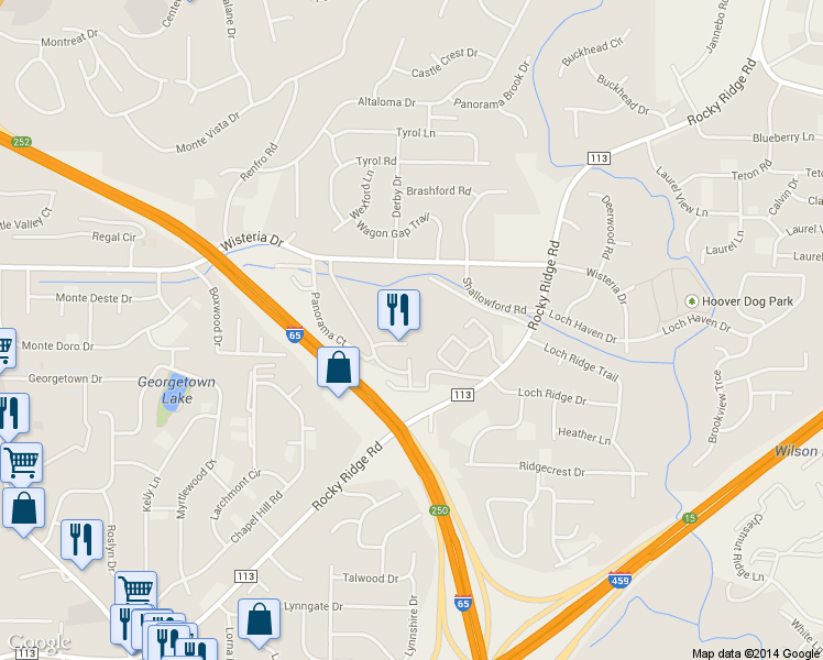 map of restaurants, bars, coffee shops, grocery stores, and more near 2278 Rocky Ridge Road in Birmingham