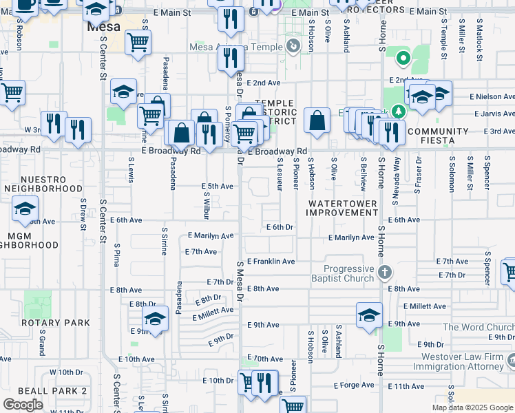 map of restaurants, bars, coffee shops, grocery stores, and more near 528 South Udall in Mesa