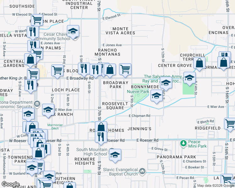 map of restaurants, bars, coffee shops, grocery stores, and more near 4601 South 8th Street in Phoenix