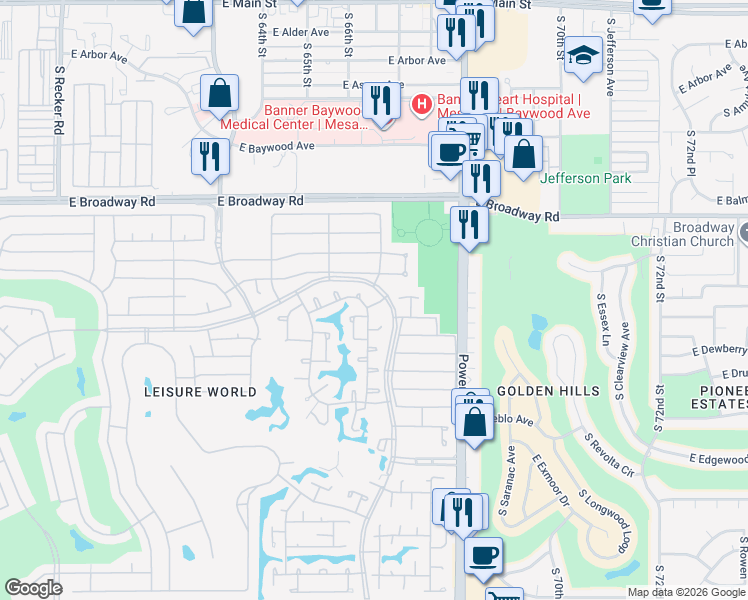 map of restaurants, bars, coffee shops, grocery stores, and more near 556 Leisure World in Mesa