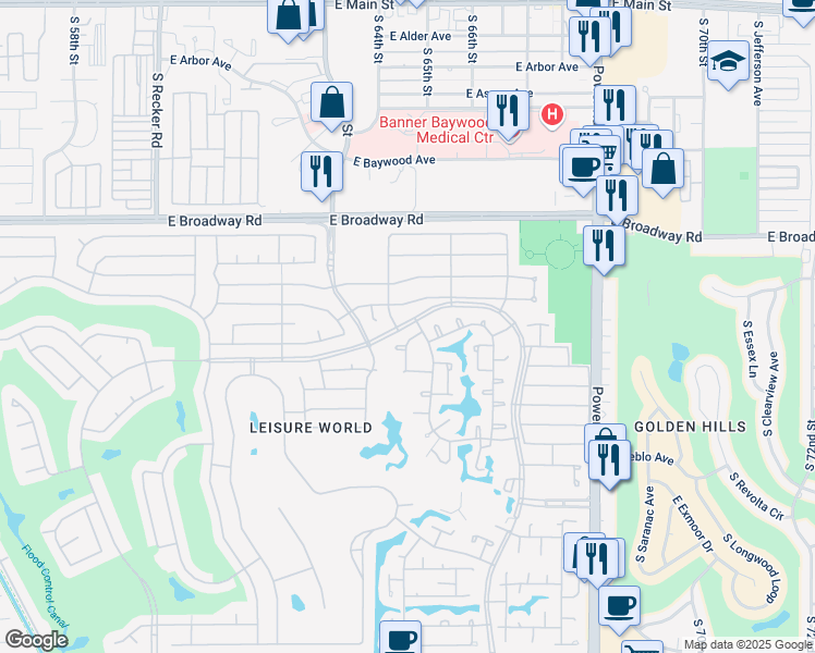 map of restaurants, bars, coffee shops, grocery stores, and more near 579 Leisure World in Mesa