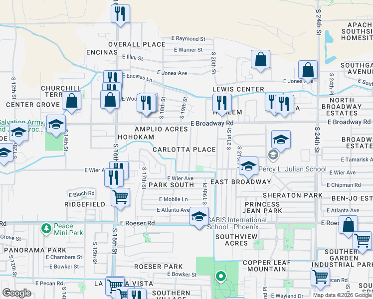 map of restaurants, bars, coffee shops, grocery stores, and more near 4502 S 19th St in Phoenix