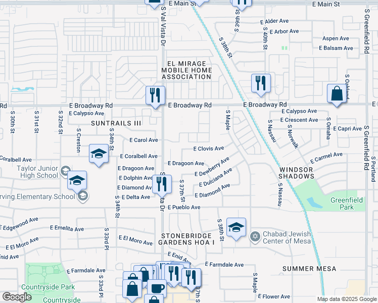 map of restaurants, bars, coffee shops, grocery stores, and more near 3717 East Clovis Avenue in Mesa