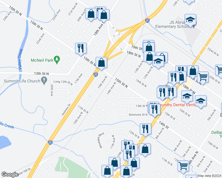 map of restaurants, bars, coffee shops, grocery stores, and more near 1530 14th Street North in Bessemer