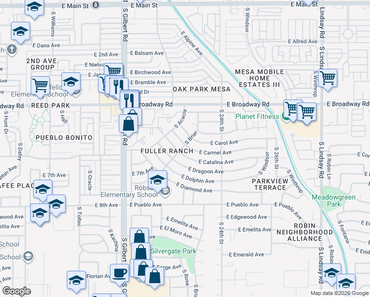 map of restaurants, bars, coffee shops, grocery stores, and more near 2235 East Carmel Avenue in Mesa
