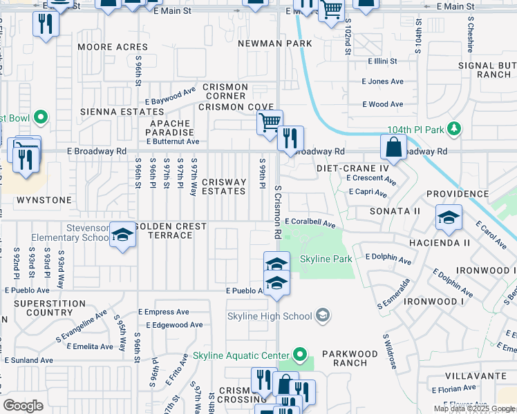map of restaurants, bars, coffee shops, grocery stores, and more near 526 South 99th Place in Mesa