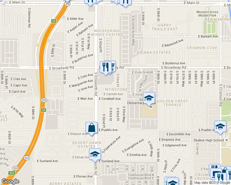 map of restaurants, bars, coffee shops, grocery stores, and more near 9312 East Carmel Avenue in Mesa