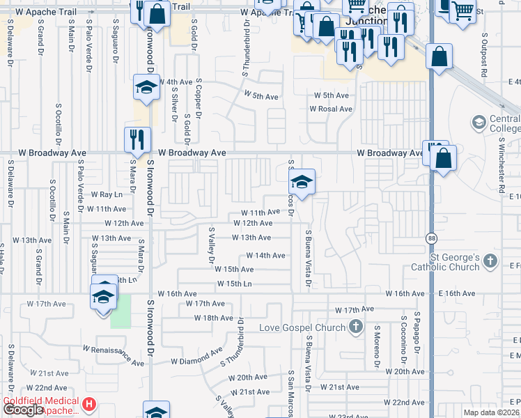 map of restaurants, bars, coffee shops, grocery stores, and more near 972 West 11th Avenue in Apache Junction
