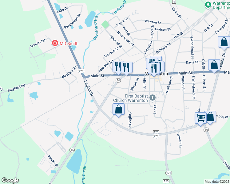 map of restaurants, bars, coffee shops, grocery stores, and more near 157 Macon Highway in Warrenton
