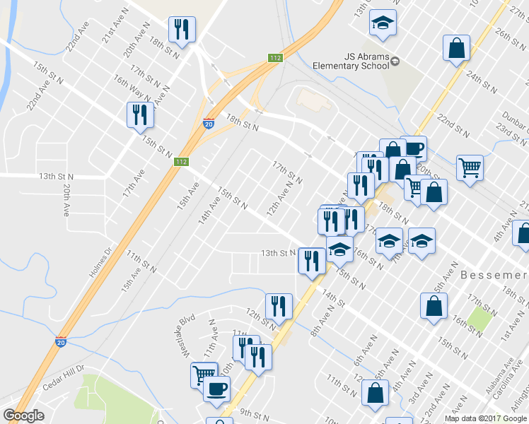 map of restaurants, bars, coffee shops, grocery stores, and more near 1504 12th Avenue North in Bessemer