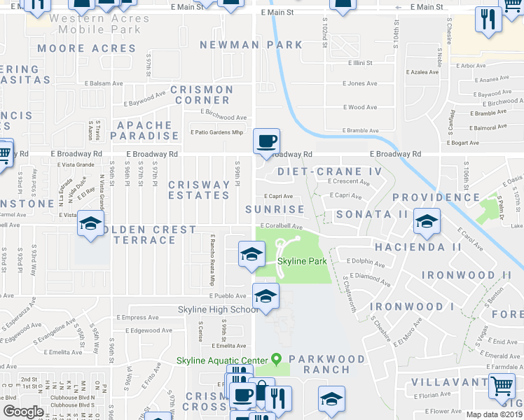 map of restaurants, bars, coffee shops, grocery stores, and more near 540 South Abbey in Mesa