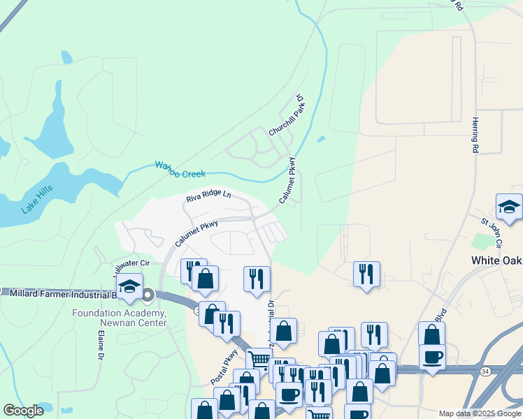 map of restaurants, bars, coffee shops, grocery stores, and more near 31 Castleton Court in Newnan