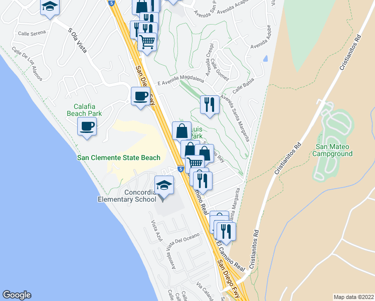 map of restaurants, bars, coffee shops, grocery stores, and more near 101 Avenida Santa Inez in San Clemente