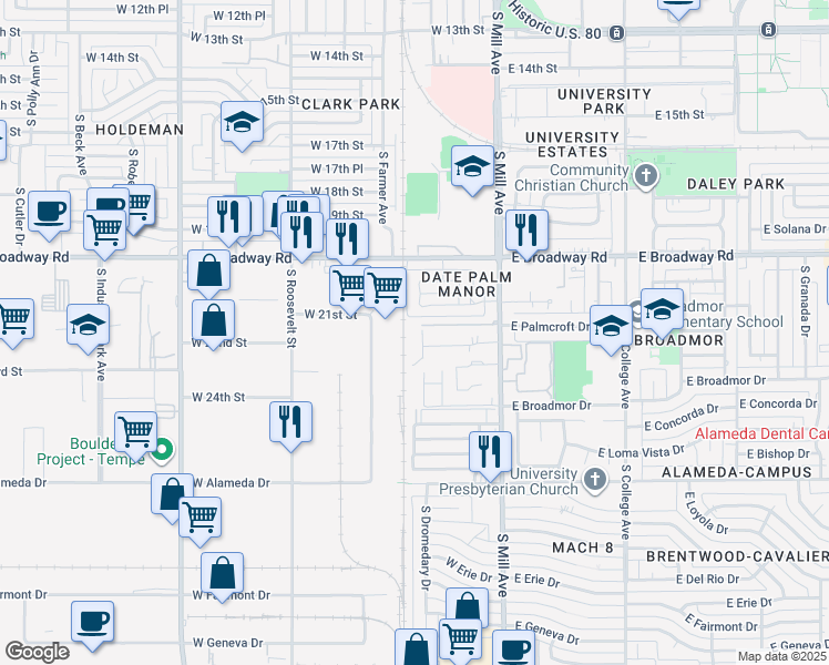 map of restaurants, bars, coffee shops, grocery stores, and more near 2148 South Huesta Drive in Tempe