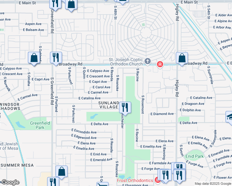 map of restaurants, bars, coffee shops, grocery stores, and more near 560 South Roanoke in Mesa