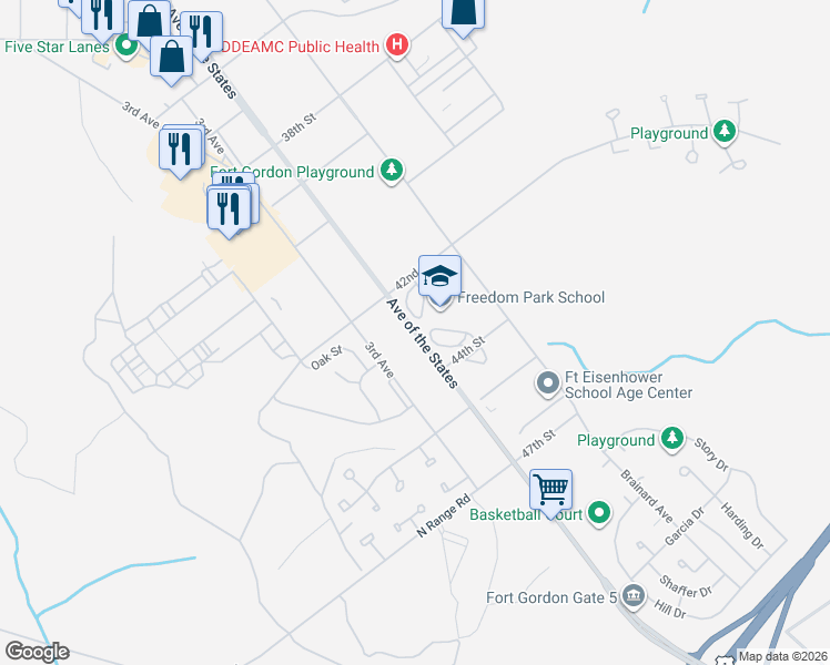 map of restaurants, bars, coffee shops, grocery stores, and more near 49300 Avenue of the States in Augusta