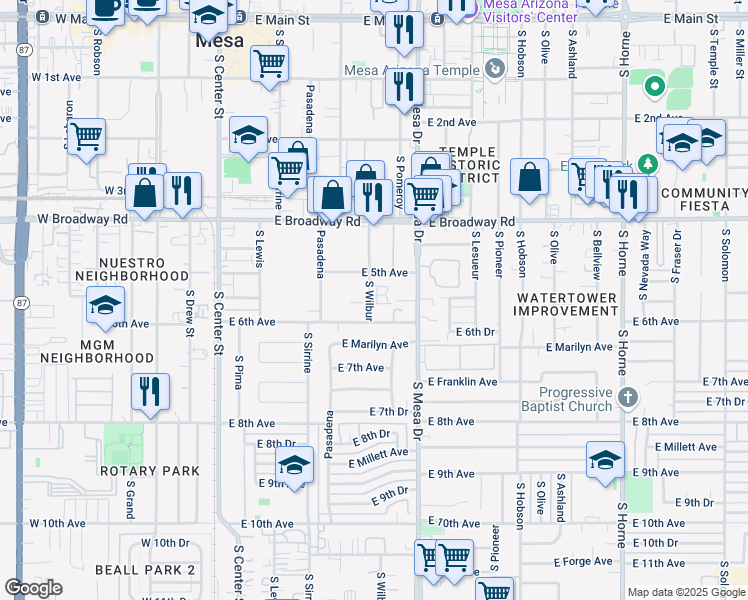 map of restaurants, bars, coffee shops, grocery stores, and more near 305 East Vine Circle in Mesa