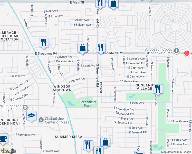 map of restaurants, bars, coffee shops, grocery stores, and more near 4364 East Carmel Circle in Mesa