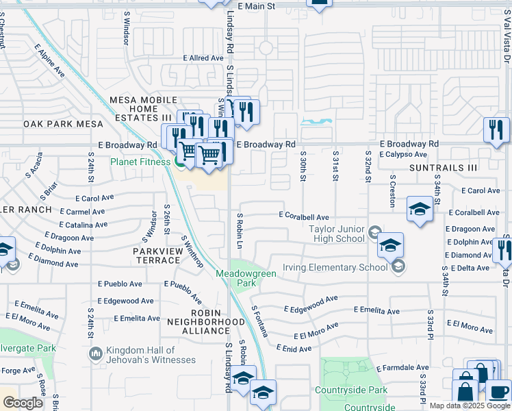 map of restaurants, bars, coffee shops, grocery stores, and more near 2845 East Concho Avenue in Mesa