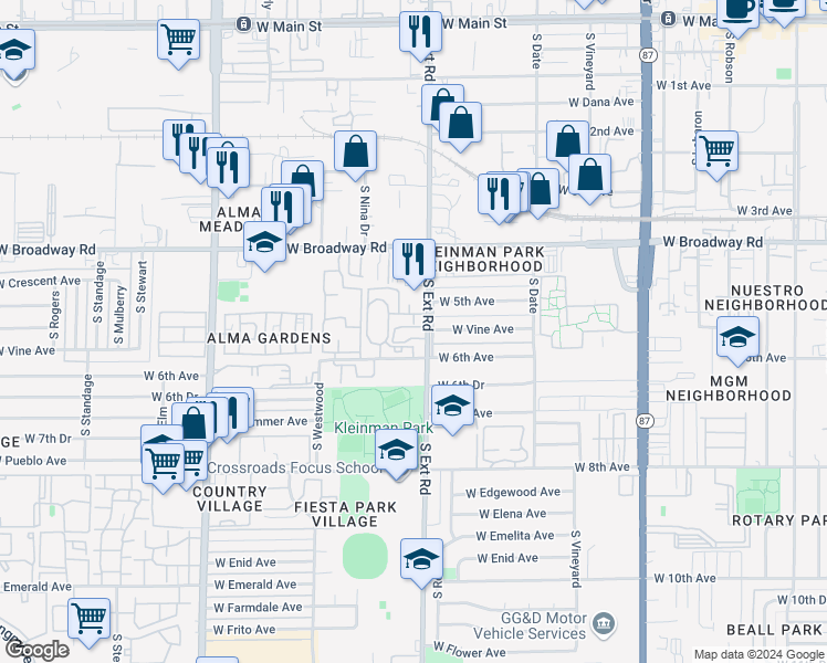 map of restaurants, bars, coffee shops, grocery stores, and more near 542 South Extension Road in Mesa