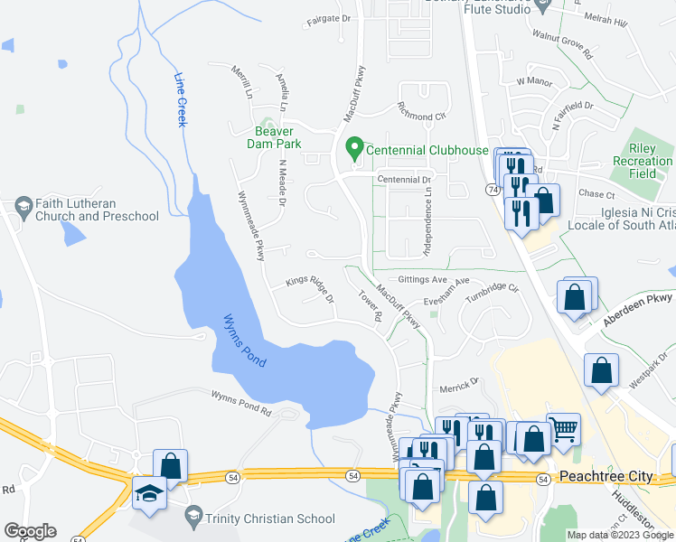 map of restaurants, bars, coffee shops, grocery stores, and more near 621 Tower Road in Peachtree City