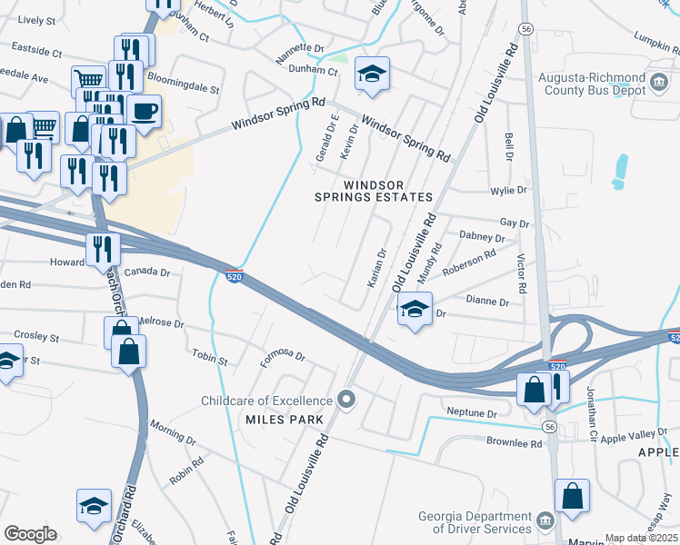map of restaurants, bars, coffee shops, grocery stores, and more near 1803 Cheryl Drive in Augusta