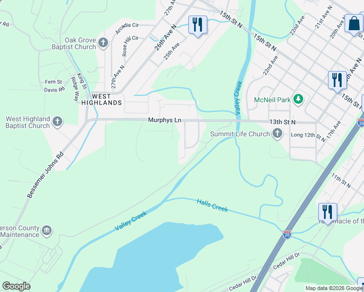 map of restaurants, bars, coffee shops, grocery stores, and more near 132 Greenridge Road in Hueytown
