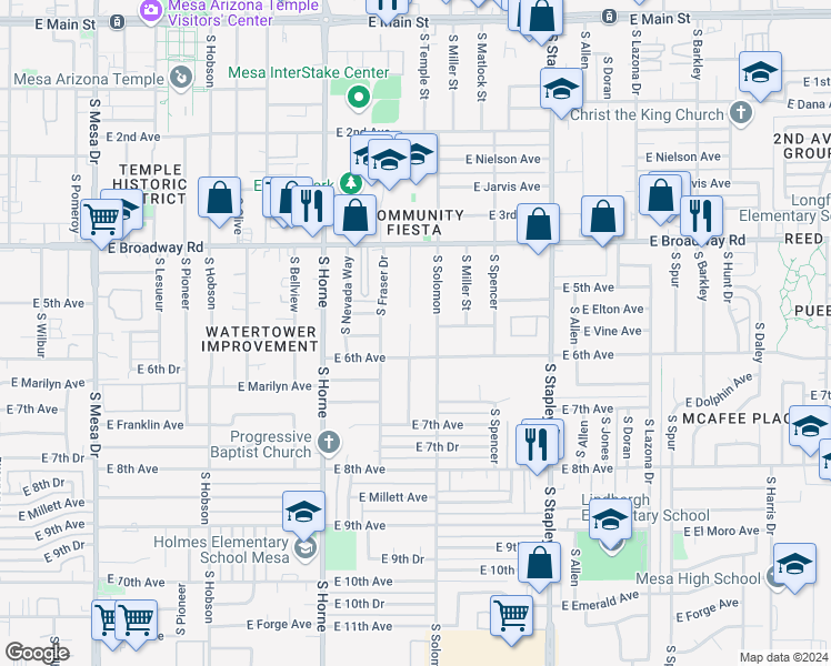 map of restaurants, bars, coffee shops, grocery stores, and more near 536 South Solomon in Mesa