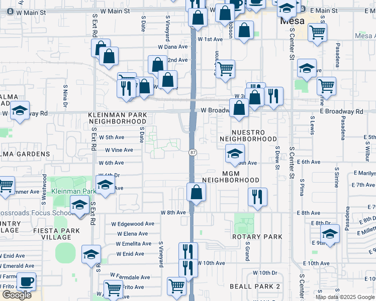 map of restaurants, bars, coffee shops, grocery stores, and more near 546 South Country Club Drive in Mesa