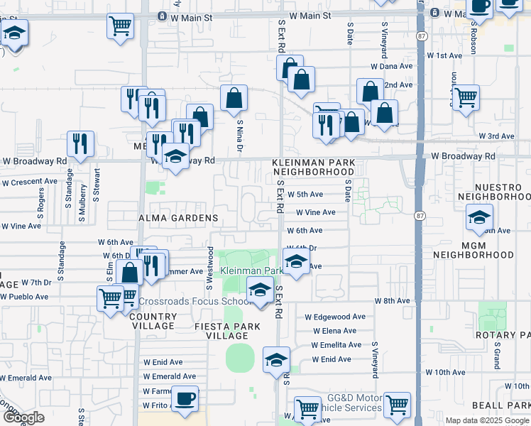 map of restaurants, bars, coffee shops, grocery stores, and more near 543 South Extension Road in Mesa