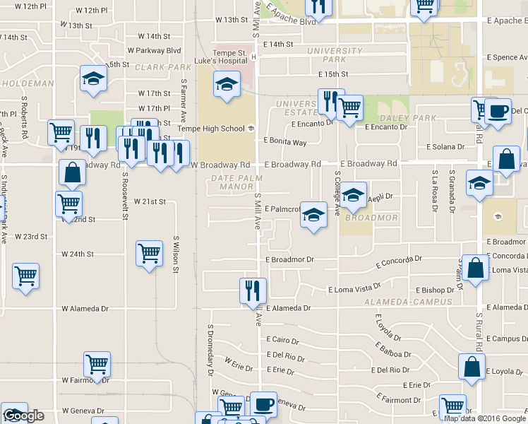 map of restaurants, bars, coffee shops, grocery stores, and more near 11 East Palmcroft Drive in Tempe