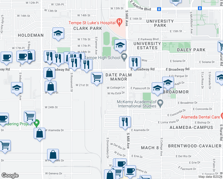 map of restaurants, bars, coffee shops, grocery stores, and more near 135 West Cottage Lane in Tempe