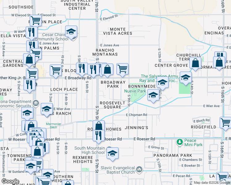 map of restaurants, bars, coffee shops, grocery stores, and more near 4601 South 8th Street in Phoenix